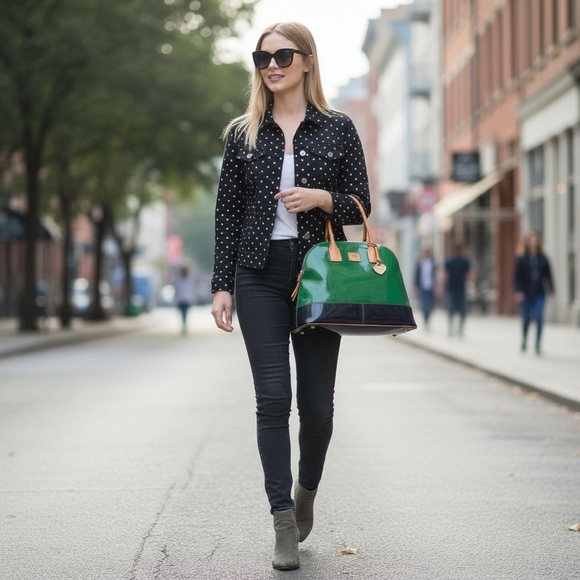 Dooney & Bourke Vintage Dome Tote Green & Black Patent Leather Handbag 12"×16"x7 - Picture 3 of 14